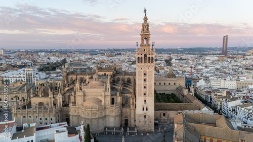 Aerial View of Seville Cathedral and Giralda at Sunset