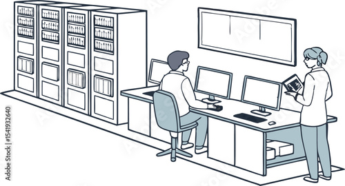 Illustration of two people working in a server room with computers and server racks visible in the room
