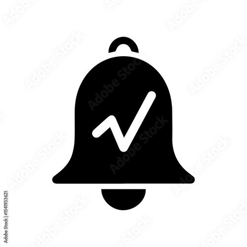 A black bell with a checkmark and a rounded clapper displayed against a white background
