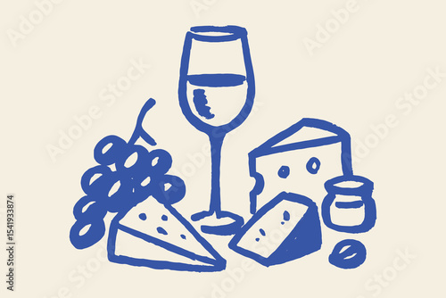 Wine and cheese sketch in naive vector illustration


