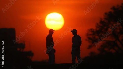Silhouette of two golfers against a fiery sunset, celebrating a successful game