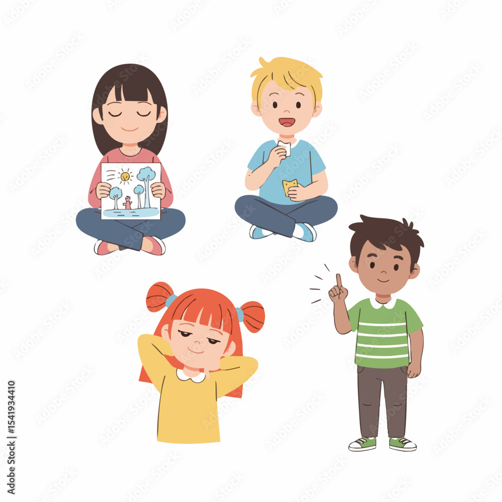 Cartoon Cute Children Illustration Sitting and Thinking with Different Facial Expressions Cartoon Cute Children Illustration Sitting and Thinking with Different Facial Expressions