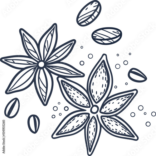 Hand drawn star anise and seeds illustration aromatic spice, botanical culinary ingredient sketch, flavor art