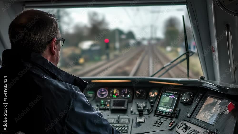 Train Driver In Cabin Train driver sitting in train cabin, carefully observing railway tracks ...
