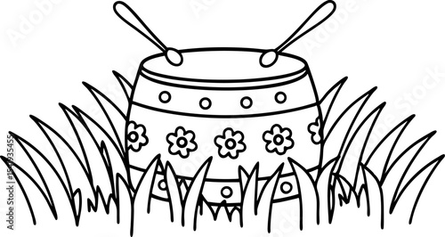 Decorative drum with floral patterns in tall grass, tribal musical instrument, festival celebration outline art