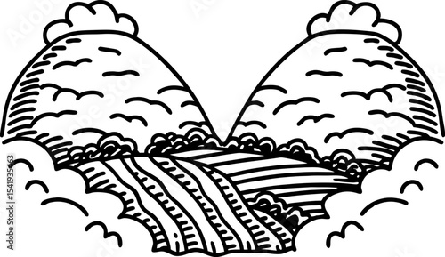 Rolling hills landscape with flowing fields and clouds simple line drawing, nature scenery illustration