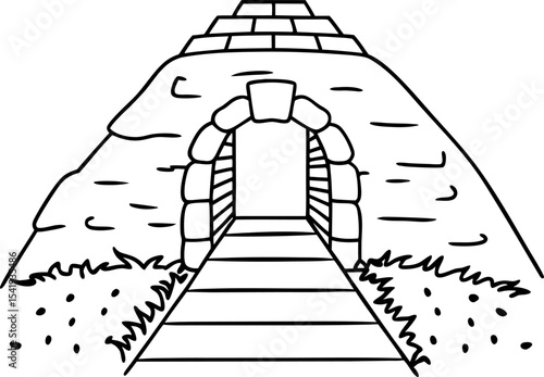 Ancient stone tomb entrance with pathway and grassy mound, archaeological burial monument illustration
