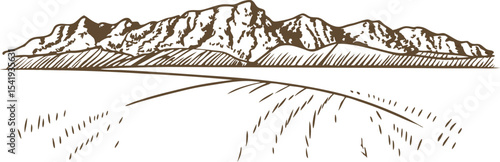 Mountain range with open field hand drawn landscape sketch, rural nature scene, hills, countryside illustration