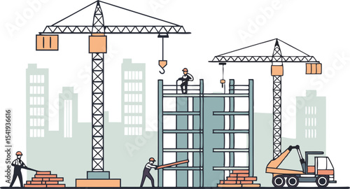 Illustration of construction site with workers cranes and building under construction in city background