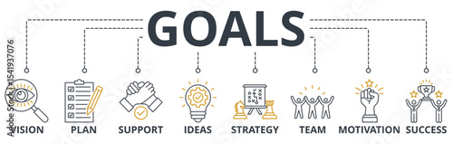 Goals web banners concept vector illustration with keywords and icons