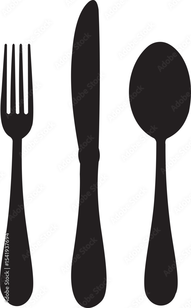 A stylish black silhouette of essential cutlery, including a fork, knife, and spoon. This design is perfect for culinary-themed projects, restaurant branding, or any artistic work related to dining an A stylish black silhouette of essential cutlery, including a fork, knife, and spoon. This design is perfect for culinary-themed projects, restaurant branding, or any artistic work related to dining an