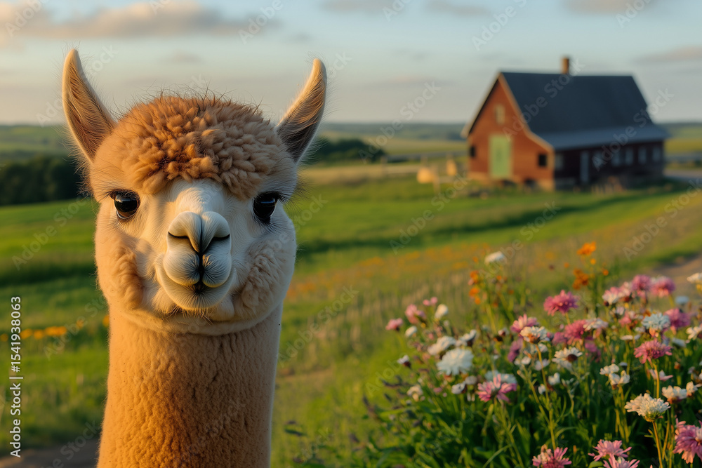 Obraz premium Llama in a field with a remote farmhouse