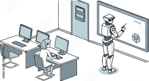 Illustration of a robot teaching in a classroom with a student working on a computer at a desk near door
