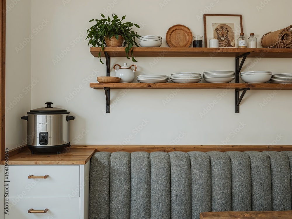 Fototapeta premium Vintage rice cooker shelf near booth with wood accents