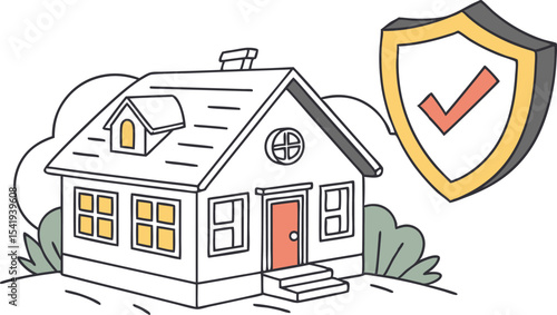 Illustration of a house with a chimney, windows, door, and a shield with a checkmark for security and safety