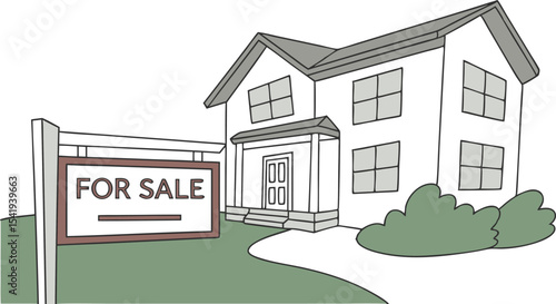 A cartoon house with a for sale sign in the yard and a walkway leading to the front door is shown
