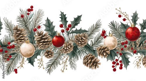 Festive Christmas garland pine cones ornaments holly berries winter greenery