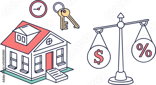 Illustration showing house, keys, clock, and scale balancing dollar sign and percentage symbol icon