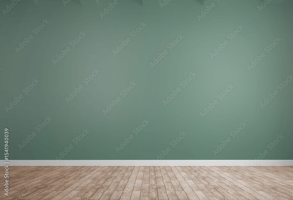 Naklejka premium Empty interior space is showcasing flat design illustration with green wall, wooden plank floor