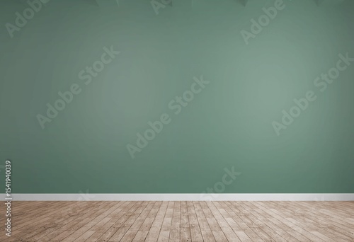 Empty interior space is showcasing flat design illustration with green wall, wooden plank floor