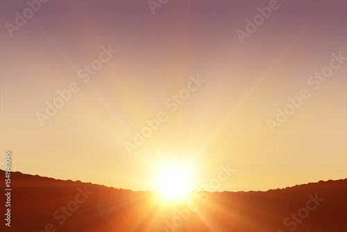 Wallpaper Mural Sun rising over rocky ridgeline in flat design illustration, casting golden rays across purple sky Torontodigital.ca