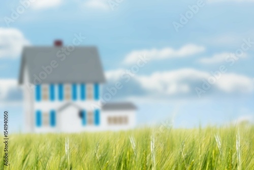 Wallpaper Mural Flat design showing tall green grass in foreground with blue-shuttered house and clouds in blue sky Torontodigital.ca