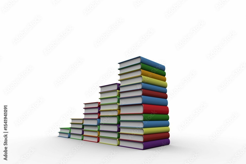 Naklejka premium Hardcover book stacks are ascending in flat design on smooth white background, copy space