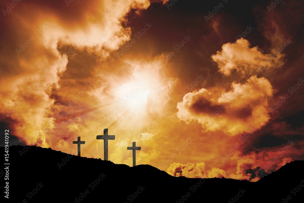 Obraz premium Cross religion symbol shape over sunset sky