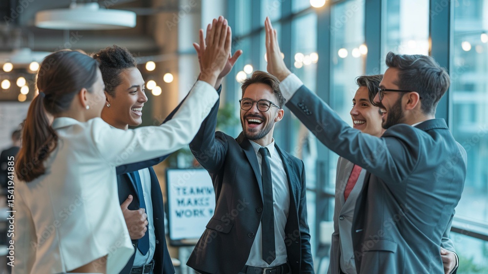 Team Spirit in the Workplace: A group of diverse business people celebrate a success with high five in the modern workplace. Capturing the essence of collaborative achievement and camaraderie. Team Spirit in the Workplace: A group of diverse business people celebrate a success with high five in the modern workplace. Capturing the essence of collaborative achievement and camaraderie.