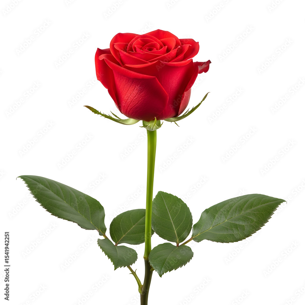Fototapeta premium A single red rose elegantly blooms against a black background showcasing its vibrant petals and lush green leaves a perfect symbol of romance and beauty