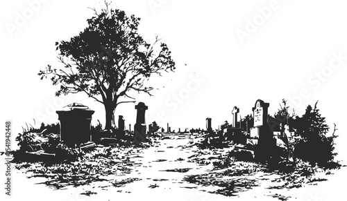 A somber View of The Graveyard: A solemn illustration captures an eerie view of a graveyard with tombstones and a lone tree, conveying the stillness and melancholy of this hallowed place. 