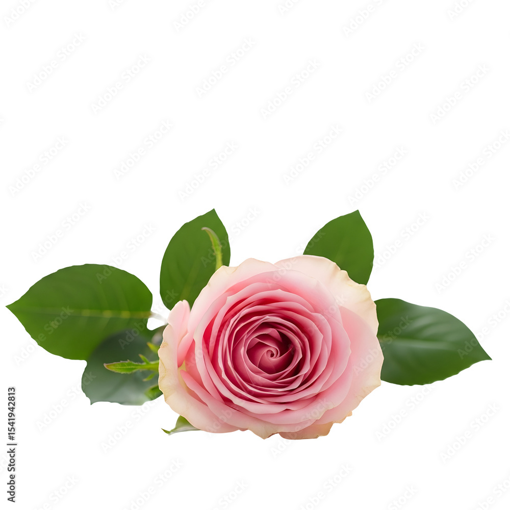 Naklejka premium A Delicate Pink Rose Blossom with Lush Green Leaves Isolated on Black Background Perfect for Floral Designs and Romantic Projects