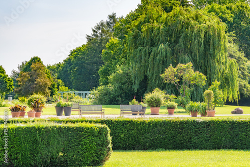 Park benches in a well-kept garden with potted plants and trees in the background. A peaceful place to relax on a summer day.
