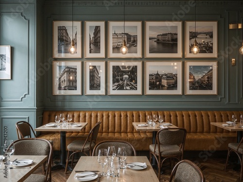 Framed Paris cafe photos behind narrow dining counter setup
