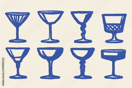 Cocktail glasses set naive sketch vector illustration