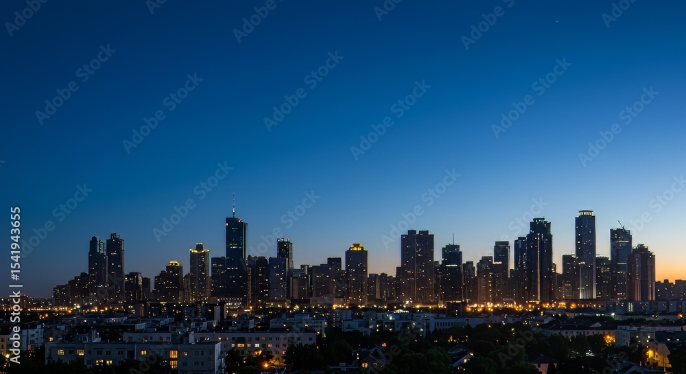 Fototapeta premium A wide panoramic view of a modern city skyline just after sunset during the blue hour