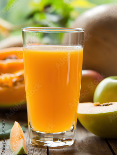 Refreshing apple and melon juice in a clear glass with sliced fruits on a wooden surface, natural light.