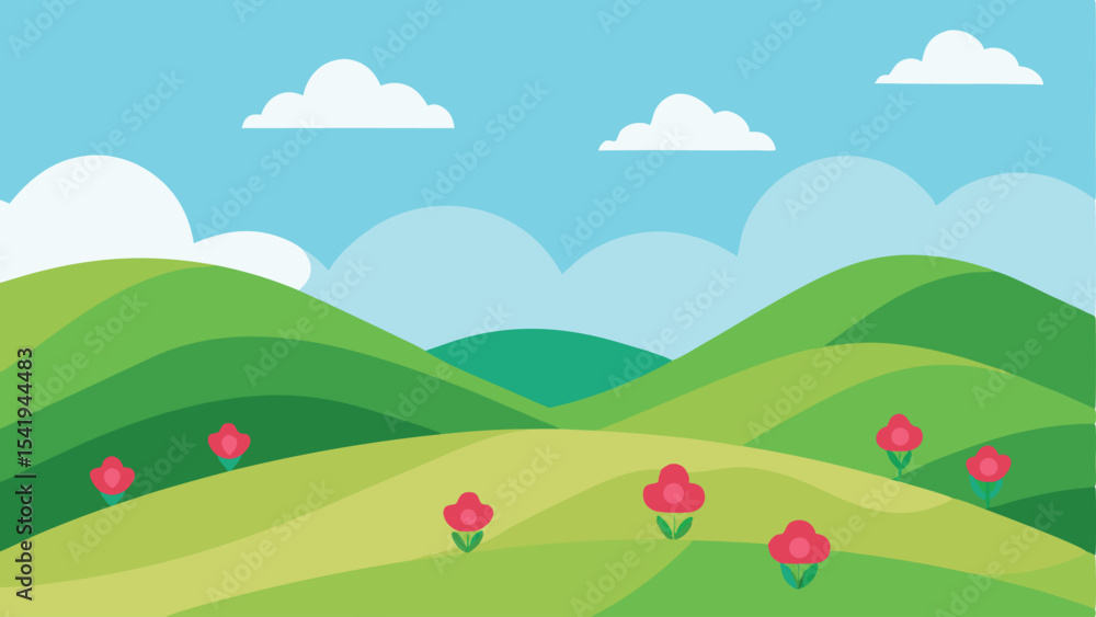 Fototapeta premium Cartoon landscape of rolling hills with flowers and blue sky on a white background