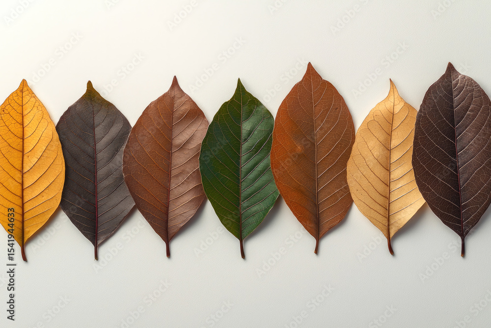 Fototapeta premium Symmetrical row of leaves in autumn colors arranged on white background, natural pattern, calm and peaceful mood