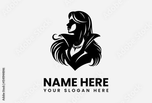 Silhouette of a woman with long hair and a cape, logo design.