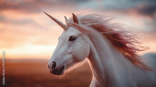 Wallpaper Mural A majestic unicorn with a glistening horn stands gracefully against a stunning sunrise backdrop, symbolizing beauty, magic, and the essence of fantasy. Torontodigital.ca