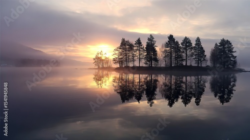 Tranquil sunrise over misty lake reflecting trees and sky, capturing ethereal beauty and serene early morning atmosphere for contemplation.