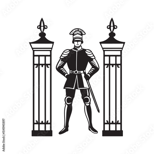 Vector illustration of a gate guard soldier standing firmly in front of a gate, wearing traditional armor or uniform, holding a spear or weapon.