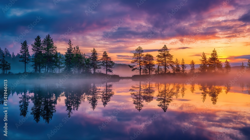 Obraz premium Tranquil sunrise over misty lake reflecting trees and sky, capturing ethereal beauty and serene early morning atmosphere for contemplation.