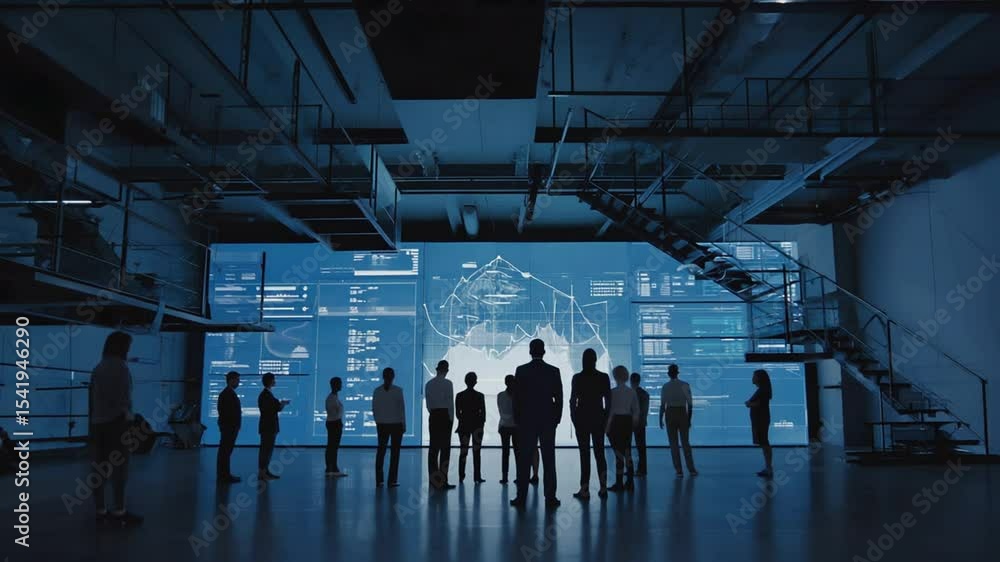 Business People Analyzing Data on Large Screen in Open Space Business People Analyzing Data on Large Screen in Open Space