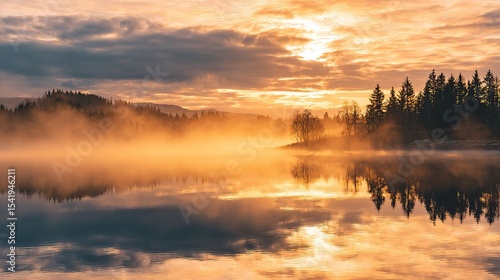 Tranquil sunrise over misty lake reflecting trees and sky, capturing ethereal beauty and serene early morning atmosphere for contemplation.