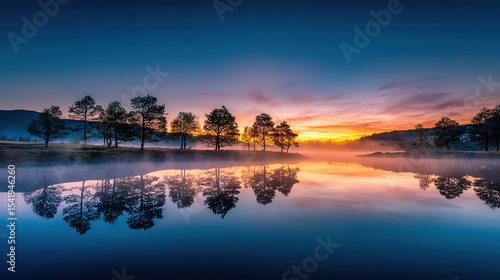 Tranquil sunrise over misty lake reflecting trees and sky, capturing ethereal beauty and serene early morning atmosphere for contemplation.