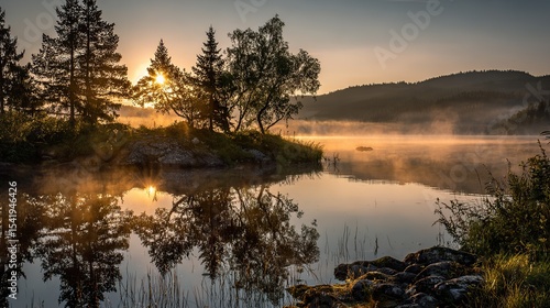 Tranquil sunrise over misty lake reflecting trees and sky, capturing ethereal beauty and serene early morning atmosphere for contemplation.