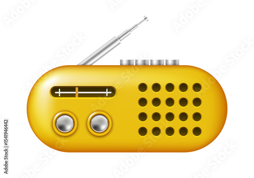 Retro radio icon. Yellow radio. Vector 3D clipart isolated on white background.