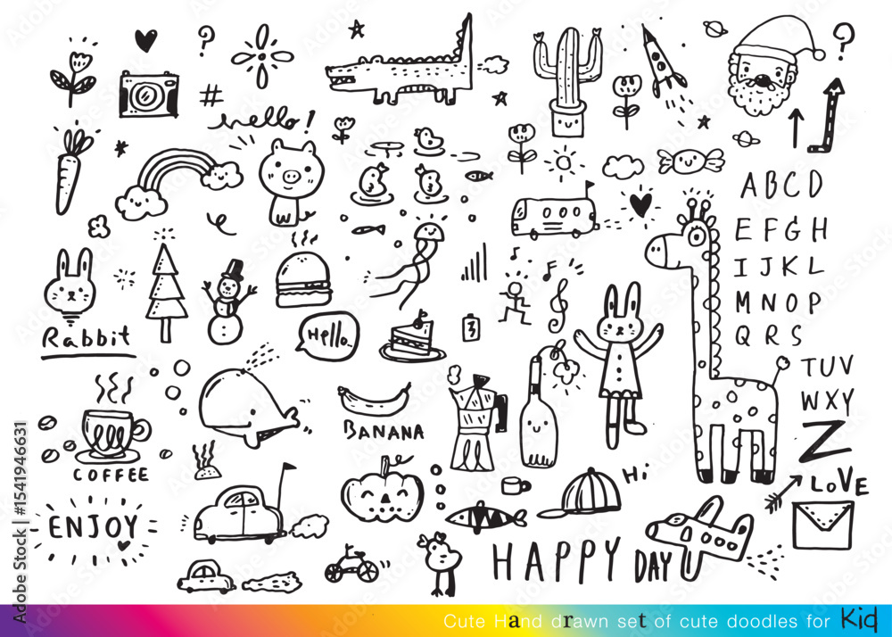Obraz premium Collection of hand drawn cute doodles,Doodle children drawing,Sketch set of drawings in child style,Funny Doodle Hand Drawn,Page for coloring, cute animal hand drawn, cute Doodle